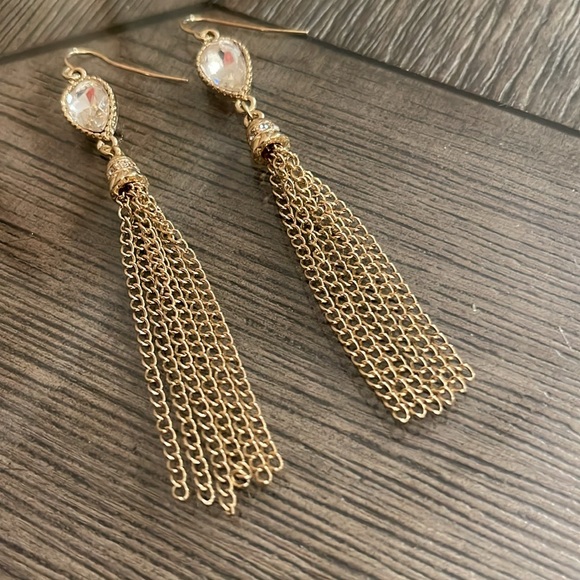 Boutique Style Long Dangle Chain Rhinestone Earrings, Gold-tone - Picture 6 of 15